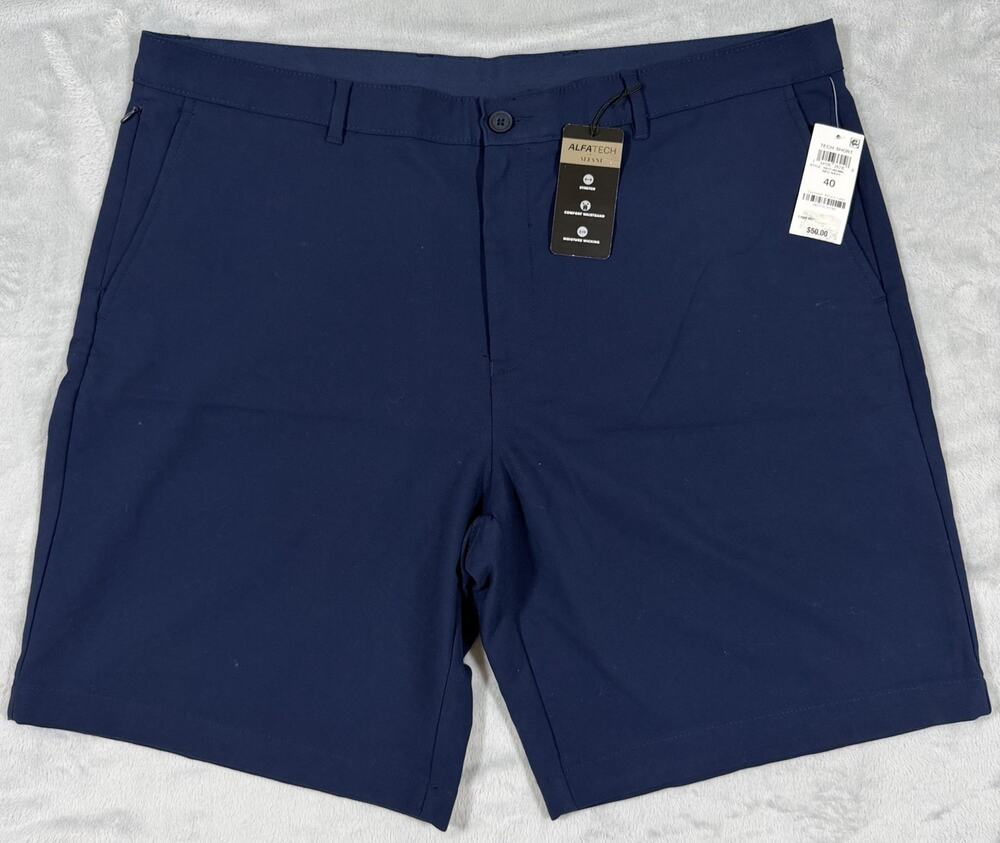 NWT Alfani Alfatech Stretch Tech Shorts 40 Navy Flat Front Golf Smart Casual